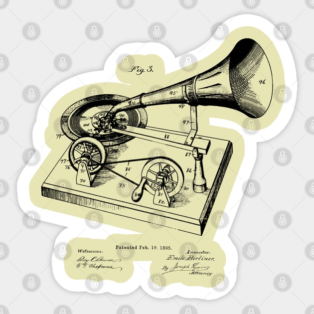 Vintage Patent Print Gramophone 1895 Sticker by MadebyDesign